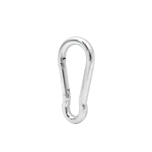 The Carabiner 6mms shiny silver finish and sleek design stand out against a plain white background. One end is open, showcasing its practical locking mechanism, making it ideal for any adventure or task.