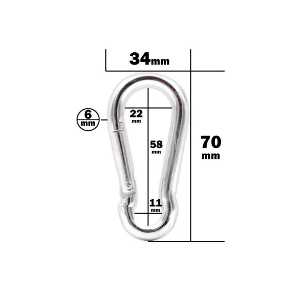 The Carabiner 6mm, in silver, is detailed with dimensions of 70mm height, 34mm width, and 6mm thickness. It has an inner length of 58mm, a side gap of 22mm, and an 11mm spring gap. These details are shown with black lines and text on a white background.
