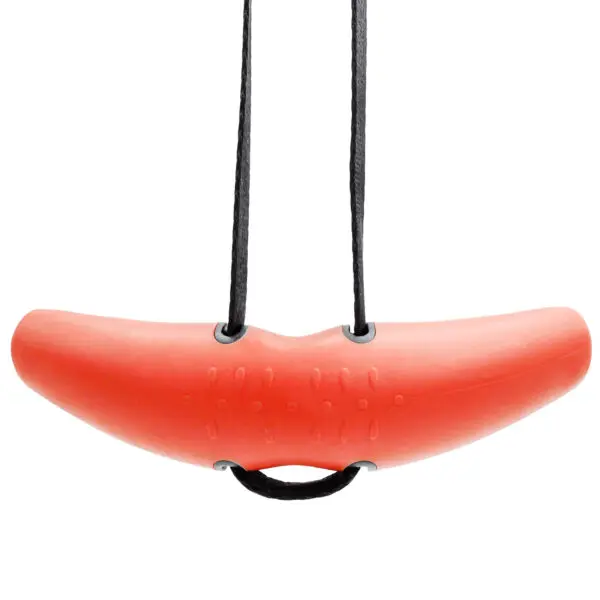 The D Angle Grip V2 is a red, curved boat fender featuring black ropes attached at both ends for hanging, with a surface adorned with small textured markings.