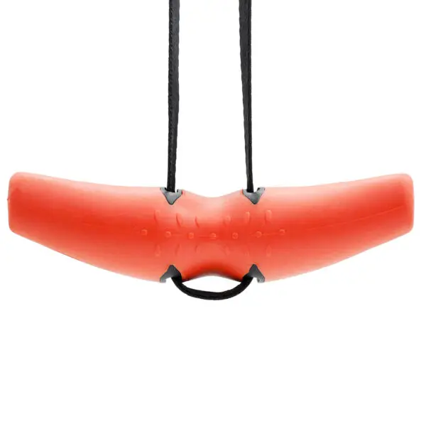 The D Angle Grip V2 is a red, curved plastic kayak carry handle featuring textured grips and two black rope loops for easy carrying.