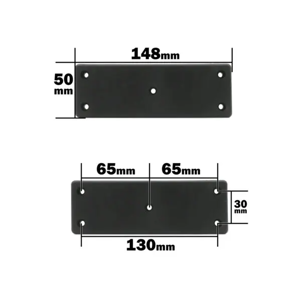 The ATX Squat Leverage Arm Rubber includes a black rectangular metal plate (148mm x 50mm) with five holes and another plate below (130mm x 30mm) with four holes spaced 65mm apart.