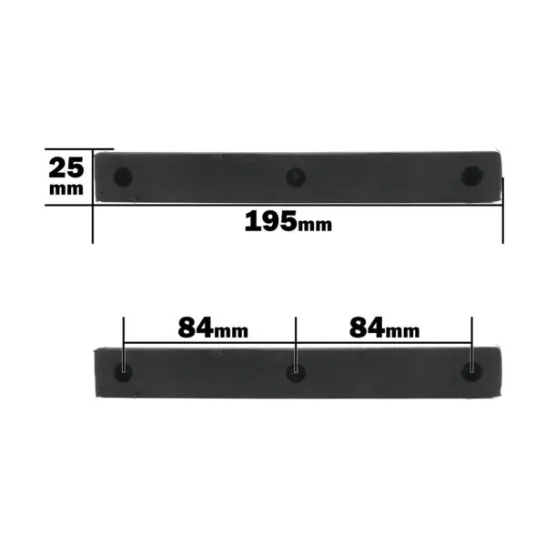 The ATX Bench Leverage Arm Rubbers display two horizontally aligned, black rectangular bars. The top bar measures 195mm in length and 25mm in height, while the bottom bar has two 84mm segments with three equally spaced holes visible.