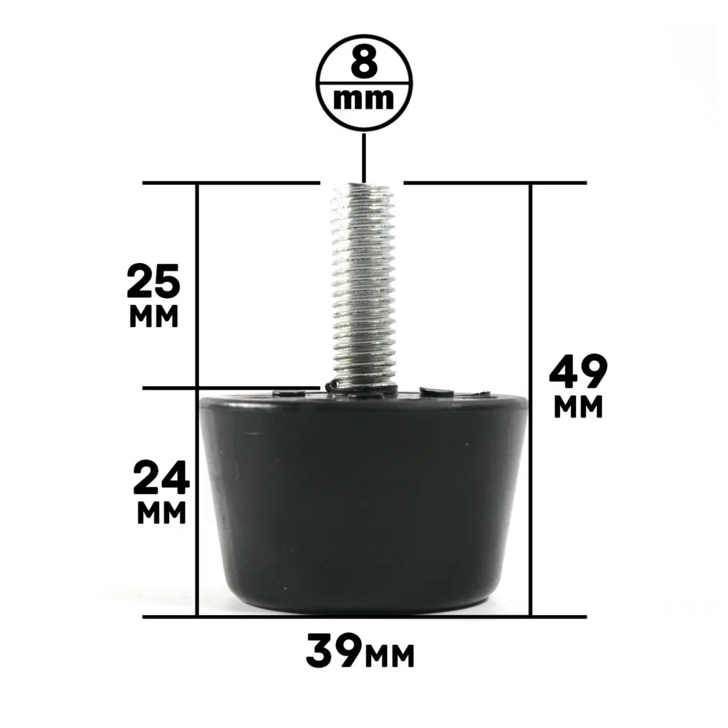 Close-up of the Threaded Foot 32mm M8, featuring a black rubber base and a threaded metal rod. Dimensions: 8mm diameter rod, 49mm total height, 39mm base diameter, 25mm rod height above base, and 24mm base height.