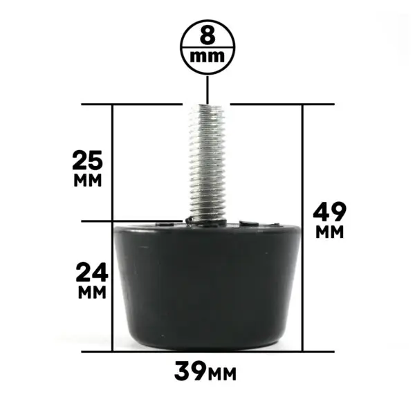 Close-up of the Threaded Foot 32mm M8, featuring a black rubber base and a threaded metal rod. Dimensions: 8mm diameter rod, 49mm total height, 39mm base diameter, 25mm rod height above base, and 24mm base height.
