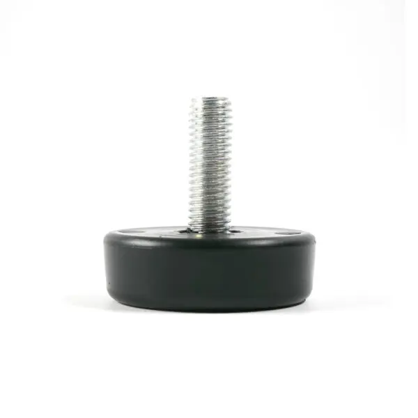 The Threaded Foot 45mm M10 is a small, round, black leveling foot featuring a threaded metal rod on top for adjusting furniture or equipment height and stability, set against a plain white background.