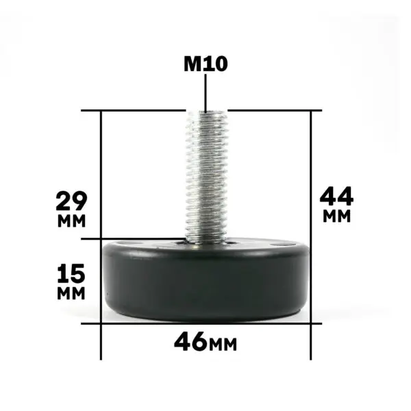 Threaded Foot 45mm M10 features a black adjustable leveling design with a metal stud. Dimensions: 44mm stud length, 15mm base thickness, total height 29mm, 46mm base diameter, and M10 thread size.