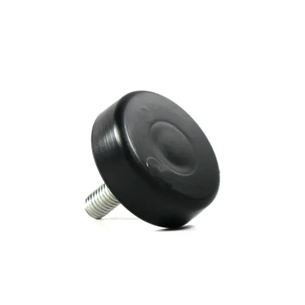 Close-up of the Threaded Foot 45mm M10, featuring a round black rubber surface and a metal threaded stem. The slightly tilted foot reveals its smooth finish and textured screw.