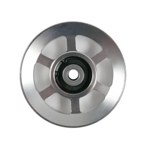 A close-up of the 100mm Aluminium Pulley reveals its round, polished metal design with a central black bearing and six evenly spaced openings against a plain white background.