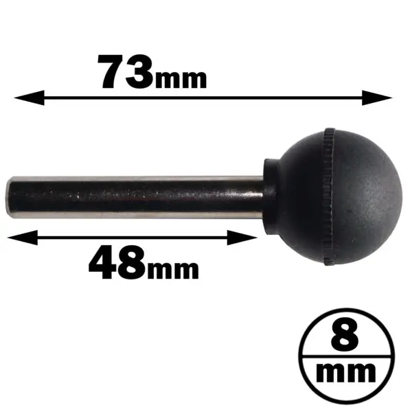 An image of the Powertec Small Ball Head Lock Pin, featuring a 73mm metal lever with a black spherical handle, a 48mm shaft, and an 8mm diameter. Measurement annotations are displayed alongside.