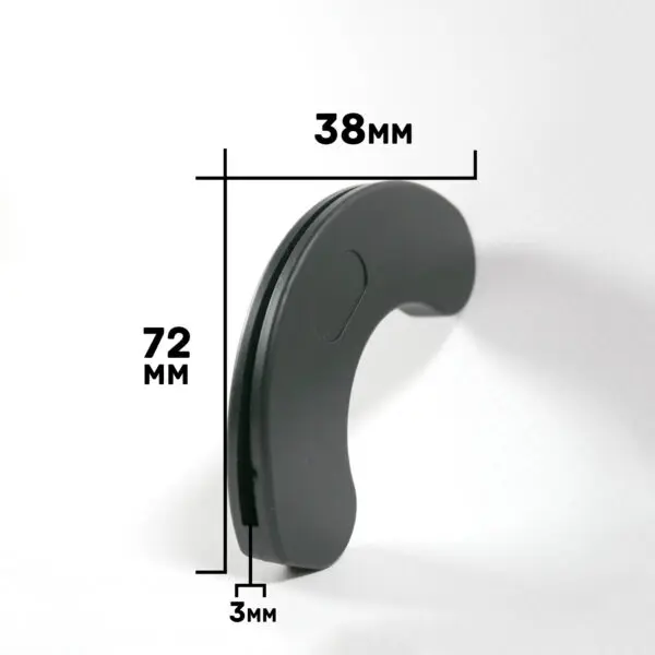 A black Dumbbell Handle Seat, curved and resembling a hook or handle, measures 72mm in height, 38mm in width, and 3mm in thickness, set against a white background.