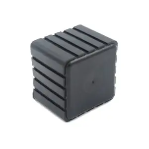 A black, rectangular Rubber Foot 40mmx40mm made of plastic, featuring ridged sides and a smooth surface, viewed from an angle.