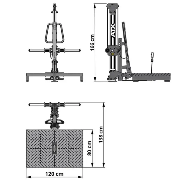 Technical illustration of a gym machine with dimensions. Front view shows handles and weight holder, height is 166 cm. Side view includes a pulley system. Top view displays a diamond plate base, width 120 cm, depth 80 cm, and handle span 138 cm.