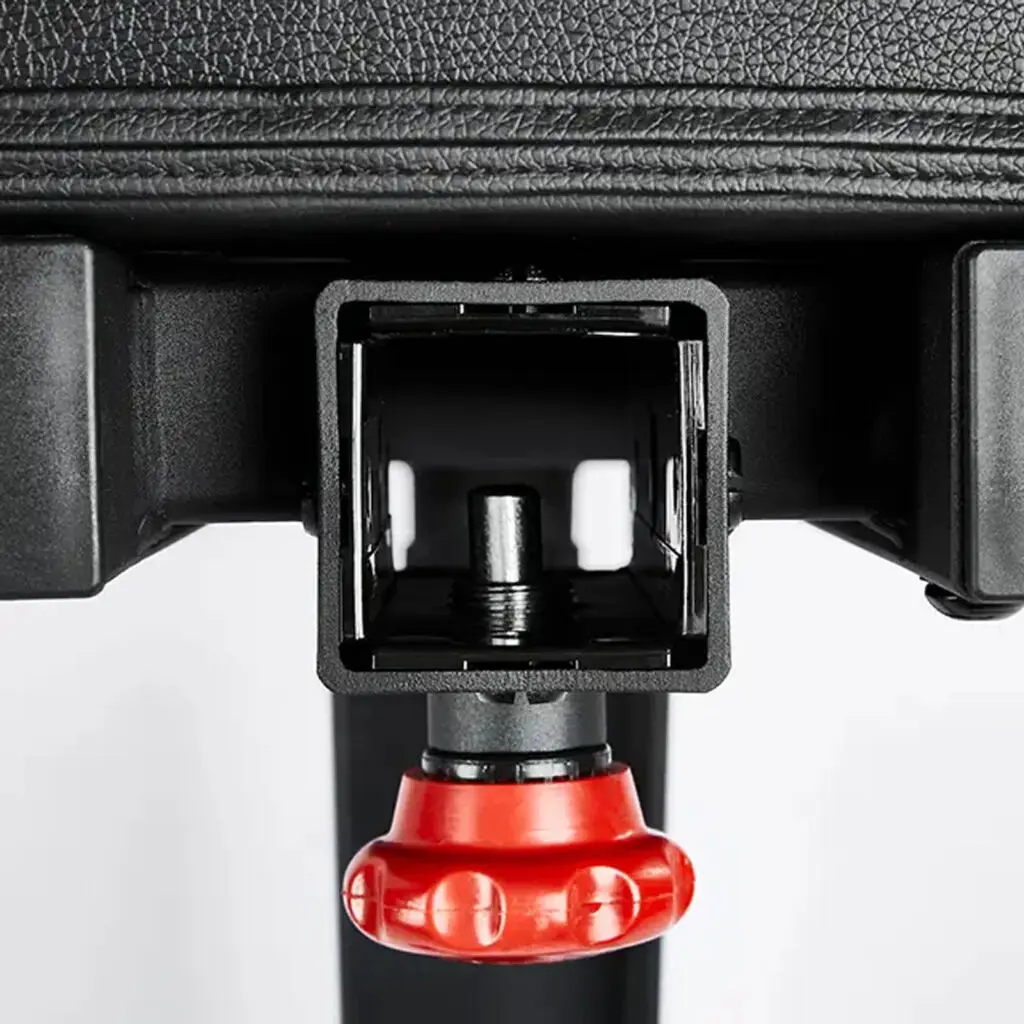 Close-up of the ATX® Commercial FID Bench ATX-MBX-660, featuring a black rectangular mechanism with a red knob at the bottom, highlighting its textured surfaces and visible components.