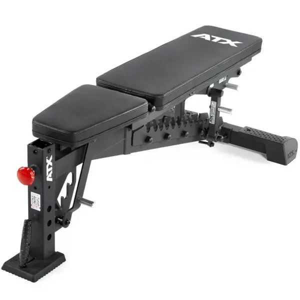 The ATX® Commercial FID Bench ATX-MBX-660 features black padding, ATX branding, metal construction, adjustable settings, and a red safety knob—ideal for strength training and weightlifting.