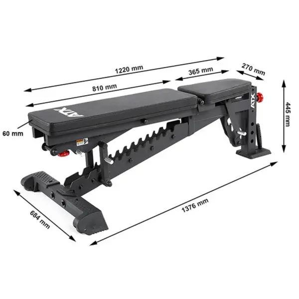The ATX® Commercial FID Bench ATX-MBX-660 has an adjustable backrest and seat, black padding, a sturdy frame, and a support bar with multiple angle settings. It measures 1376 mm in length and 445 mm in height.