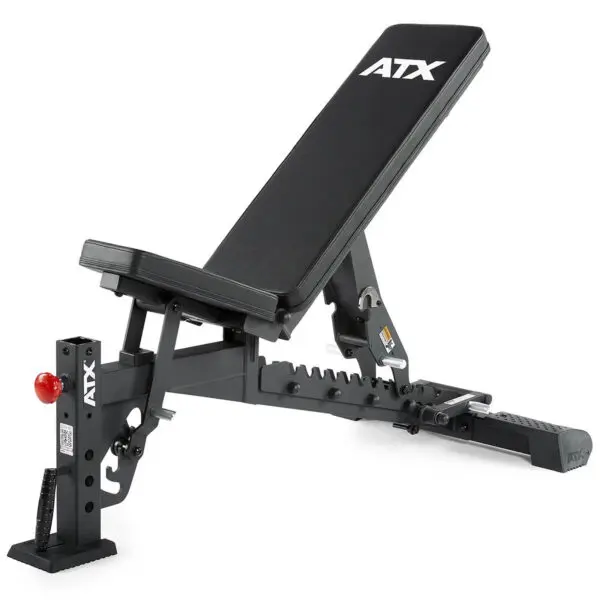 The ATX® Commercial FID Bench ATX-MBX-660 features a sleek black padded seat and backrest, ideal for versatile workouts. It easily shifts from flat to incline on a sturdy metal frame, offering various adjustment options for different workout angles.