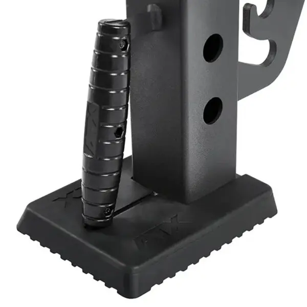 Close-up of the black ATX® Commercial FID Bench ATX-MBX-660, featuring an adjustable metal stand with a textured grip handle, multiple adjustment holes, and a stable ridged base.