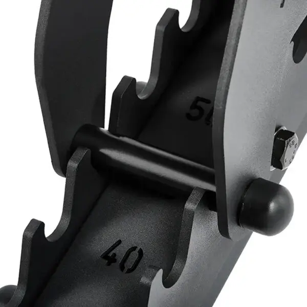 A close-up of the adjustable dumbbell weight selector at 40 and 50 is shown with notched plates and a securing pin. Alongside, the ATX® Commercial FID Bench ATX-MBX-660 enhances workout versatility, emphasizing tailored exercises through the weight adjustment feature.