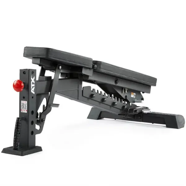 The ATX® Commercial FID Bench ATX-MBX-660 features a sleek black design with a padded seat and backrest, angle adjustment slots, and a sturdy frame, making it ideal for various strength training exercises.