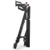 Side view of the folded ATX® Commercial FID Bench ATX-MBX-660, highlighting its compact design as a flat incline bench in black with multiple adjustment levers and wheels for easy mobility.