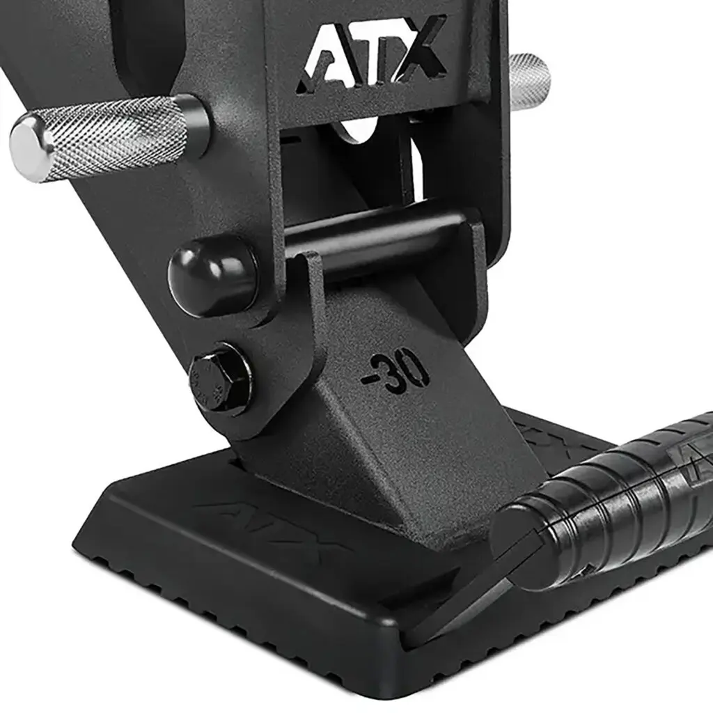 Close-up of the ATX® Warrior Bench 2.0, a black adjustable gym bench part with metal bracket marked -30, textured grips, and ATX logo against a plain background.