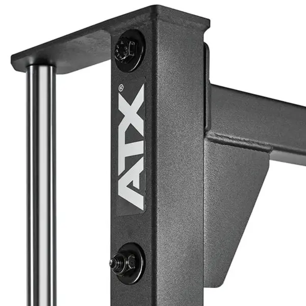 Close-up of the ATX® Smith Machine 500, designed for low ceilings at 198 cm. Showcases a sturdy grey metal frame and bolts with a vertical support bar, ideal for strength training and workout support.