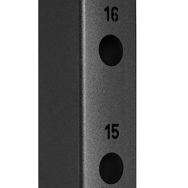 Close-up of a smooth, matte black metal structure, part of the ATX® Smith Machine 500 - Low Ceilings - 198 cm, featuring two vertically aligned round holes with 15 and 16 engraved beside them.