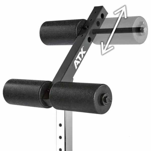 The ATX® AB Attachment is adjustable gym equipment with a metal frame and padded rollers for leg exercises. The image shows an arrow indicating the top rollers movement, and the brand name ATX appears on the frame.