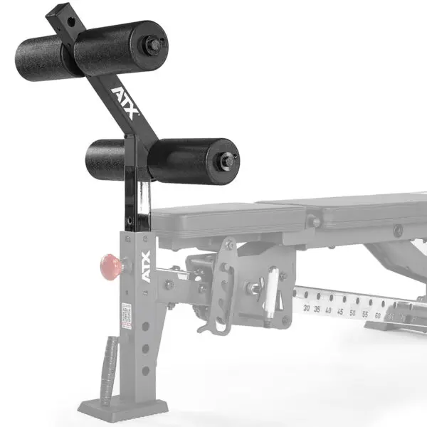 The ATX® AB Attachment is an adjustable weight bench with a leg extension featuring foam rollers, set on a metal frame with a numbered incline mechanism and ATX labeling.