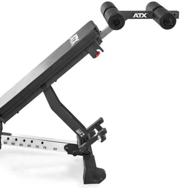 The ATX® AB Attachment features a sturdy metal frame, adjustable incline settings with visible slots, and a leg support. It includes a black padded backrest with the ATX logo on it.