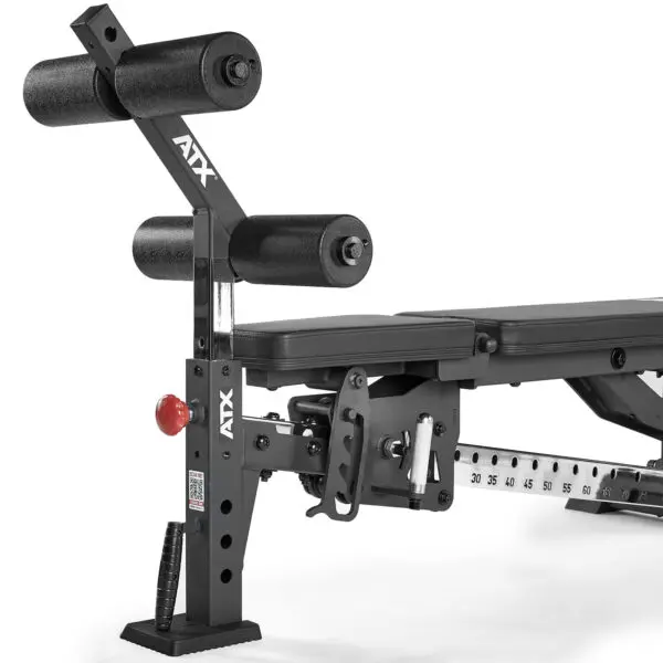 The ATX® AB Attachment is an adjustable weight bench with a black cushioned seat and backrest. It features leg support pads, a sturdy metal frame, a lever for adjustments, and a measurement scale for precise positioning.