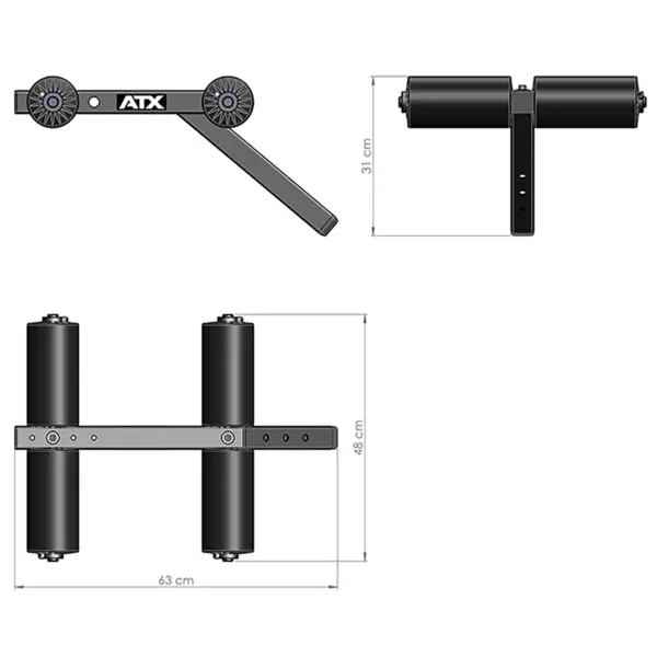 Illustration of the ATX® AB Attachment gym equipment shows three views: A top-down view with two black cylindrical foam rollers in a metal frame, a side view featuring a lever arm with measurements of 31 cm and 48 cm, and a front view measuring 63 cm.