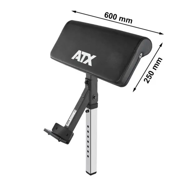 The ATX Bicep Curl Pad is a gym accessory featuring a black padded surface labeled ATX, measuring 600 mm by 250 mm. It comes with a metal support and an adjustable height mechanism.