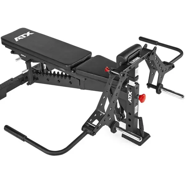 The ATX® Pec-Fly Attachment is a black adjustable bench with a padded seat and backrest, featuring various handles for exercises. It has a metallic frame, red adjustment knobs, and ATX branding.
