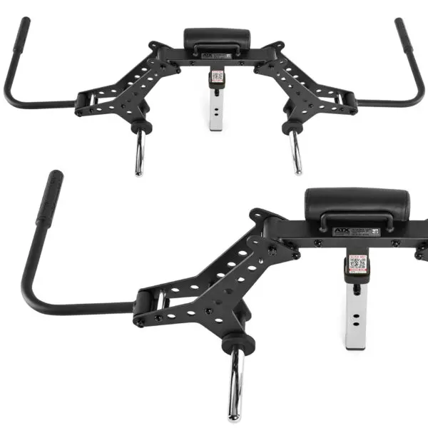 The ATX® Pec-Fly Attachment is a black and metal gym accessory with two padded handles, a central padded support, and multiple adjustable bolt holes, designed for strength training equipment.