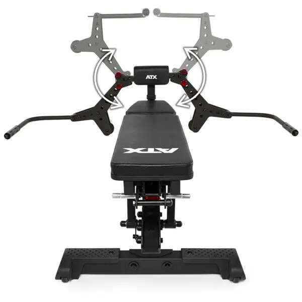 The ATX® Pec-Fly Attachment is a black adjustable weight bench featuring labeled pivot points, a backrest with ATX branding, and multiple adjustable arms with bars for versatile exercises.