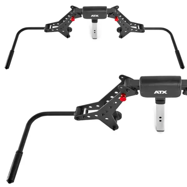 Two adjustable black ATX® Pec-Fly Attachments with padded grips and metal frames, shown from the side and at an angle to highlight their design and construction.