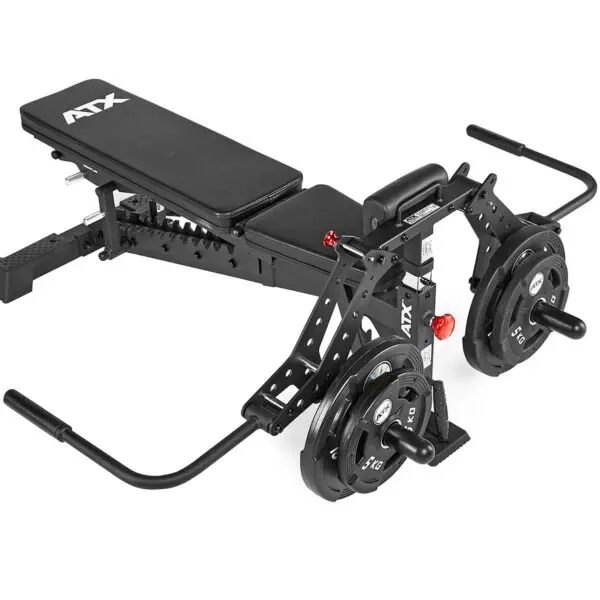 The ATX® Pec-Fly Attachment is a black, adjustable weight bench featuring a padded seat and backrest. It includes two weight-loaded lever arms with multiple weight plates on a sturdy metal frame, perfect for gym or home workouts.