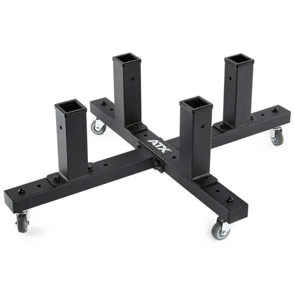 A black ATX® Attachment Storage Rack with a cross-shaped base features four vertical square posts and four caster wheels, labeled ATX at the center of the cross.