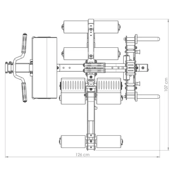 The technical drawing of the ATX® Attachment Storage Rack, viewed from above, shows dimensions of 126 cm by 107 cm with multiple pads, bars, and adjustable components for exercises that likely involve seated positions.