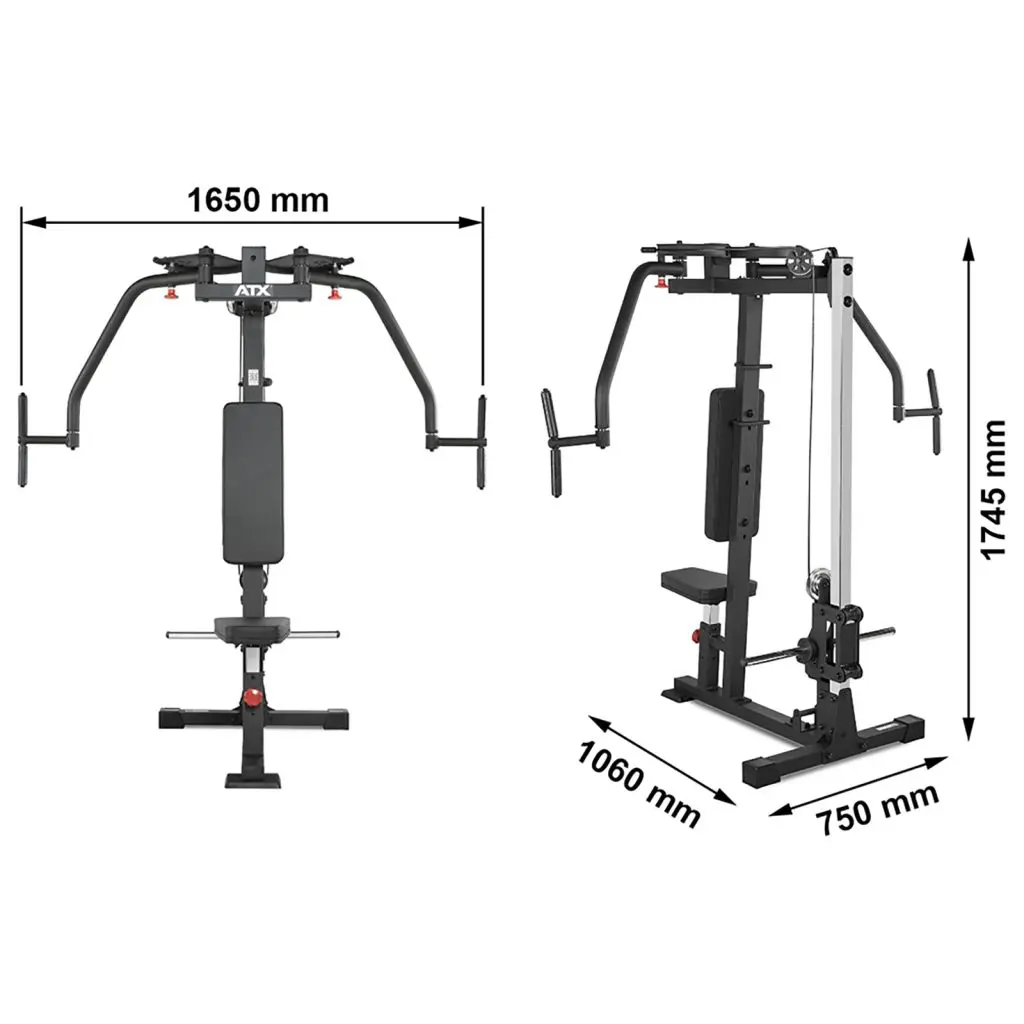 The ATX® Pec Fly/Rear Delt Machine is a multi-gym fitness equipment with side views, dimensions of 1650 mm width, 1060 mm depth, and 1745 mm height. It features a padded bench and various handles for exercises, including pectoral fly and rear deltoid workouts.
