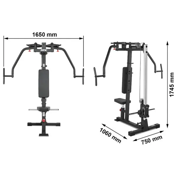 The ATX® Pec Fly/Rear Delt Machine is a multi-gym fitness equipment with side views, dimensions of 1650 mm width, 1060 mm depth, and 1745 mm height. It features a padded bench and various handles for exercises, including pectoral fly and rear deltoid workouts.