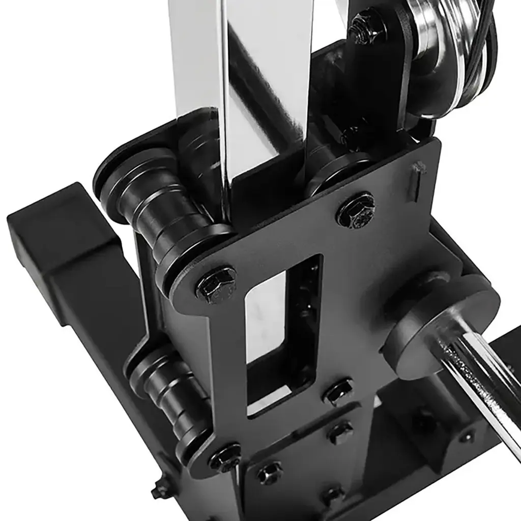 Close-up of the ATX® Pec Fly/Rear Delt Machine showcasing a vertical metal frame with wheels and bolts, a horizontal rod, and a robust black base, indicating its use for targeted muscle workouts in fitness equipment.
