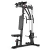 A home gym machine featuring a multi-functional workout station, including a chest flyes machine with a high pulley system. It includes an adjustable seat and backrest, with padded supports for various exercises. The frame is predominantly black with silver accents.