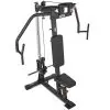A multifunctional gym machine with a black frame and seat, designed for upper body workouts. This pectoral fly machine features adjustable pulleys and handles for exercises like chest flyes and shoulder presses.