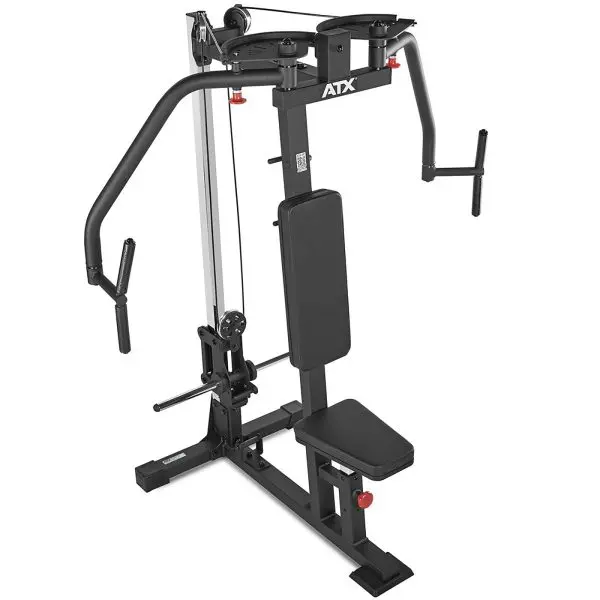 A multifunctional gym machine with a black frame and seat, designed for upper body workouts. This pectoral fly machine features adjustable pulleys and handles for exercises like chest flyes and shoulder presses.