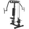 Home gym machine with padded seat, backrest, and handles. Includes a pulley system, weight stack, and adjustable arms for exercises like chest press and pec fly. This black and silver pectoral fly machine features a sturdy frame for diverse workouts.