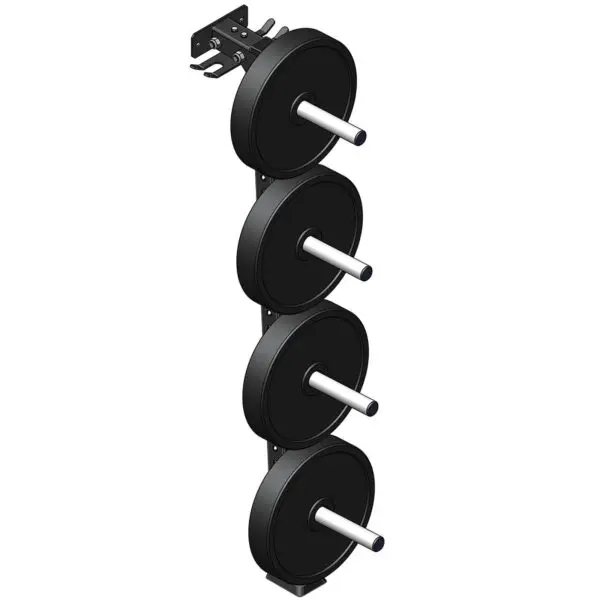 Illustration of the ATX® Wall-Mounted Weight Plate Tree with four horizontal pegs holding round dumbbell plates. The minimalist design shows it leaning to the left.