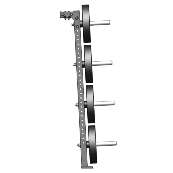 Illustration of the ATX® Wall-Mounted Weight Plate Tree featuring four pegs, each holding a weight plate. The design includes a sturdy metal frame with adjustable peg holes, ideal for gym equipment storage.