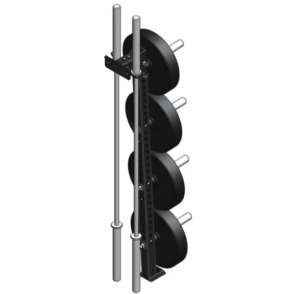 The ATX® Wall-Mounted Weight Plate Tree is shown as a minimalist vertical rack attached to a wall, designed for gym equipment organization. It features pegs that hold four weight plates and two tall metal rods for support.